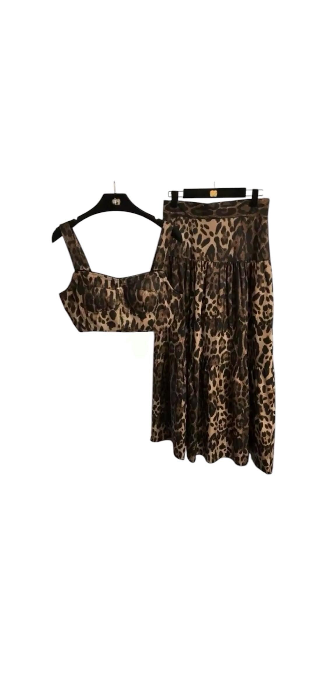 Handmade Italian Style Leopard print Dress Set Crop Top and Skirt