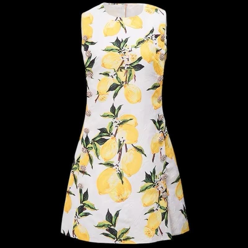 Handmade Italian designer white Brocade Lemons print sleeveless mini dress with gemstone buttons