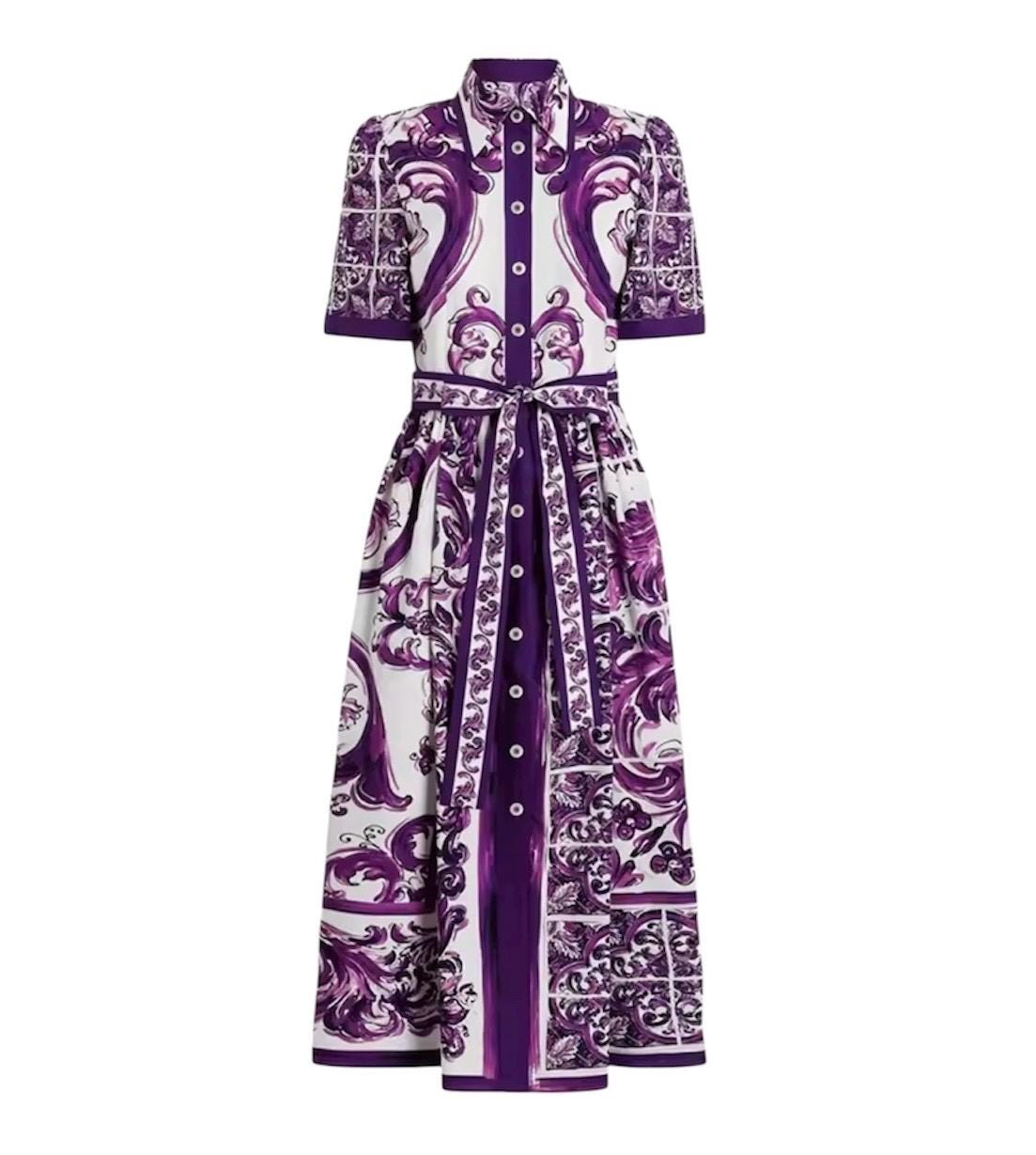 Handmade Purple Majolica Cotton Dress: Italian Designer Shirt Sleeve