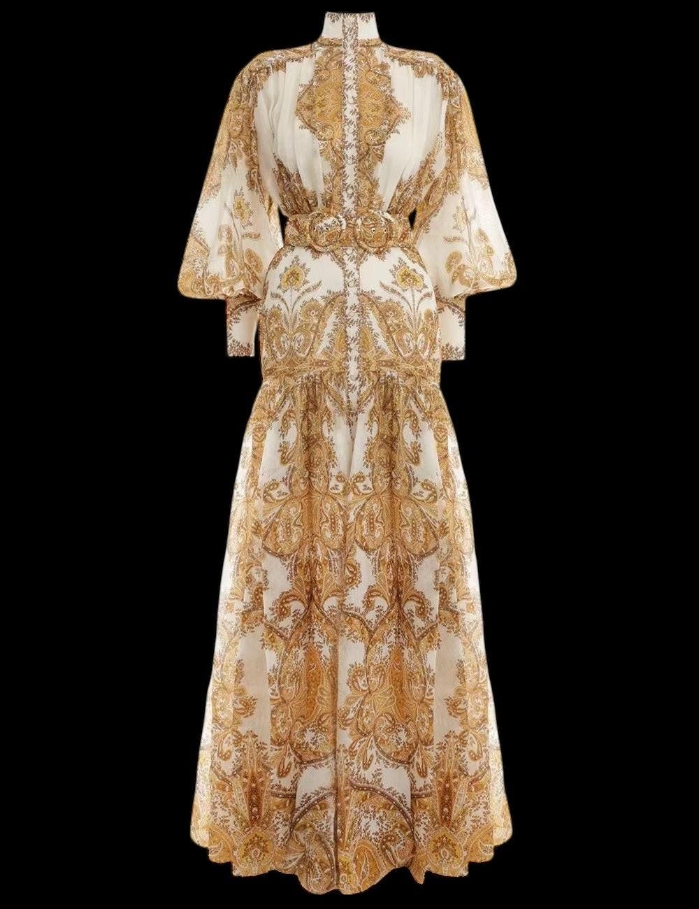 Linen Silk Maxi Dress: Handmade Italian Designer Parsley Print