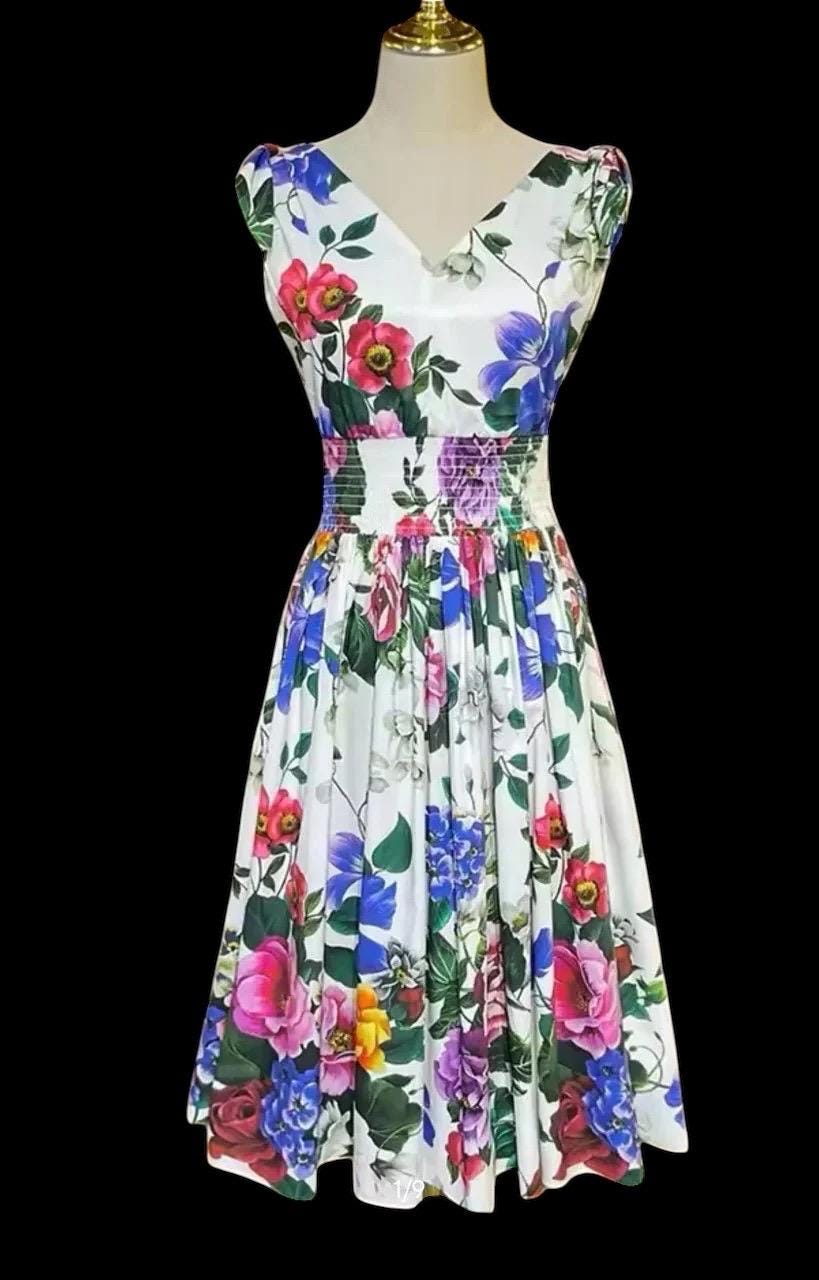 Italian Luxury designer Roses and Violets print 100% cotton sundress