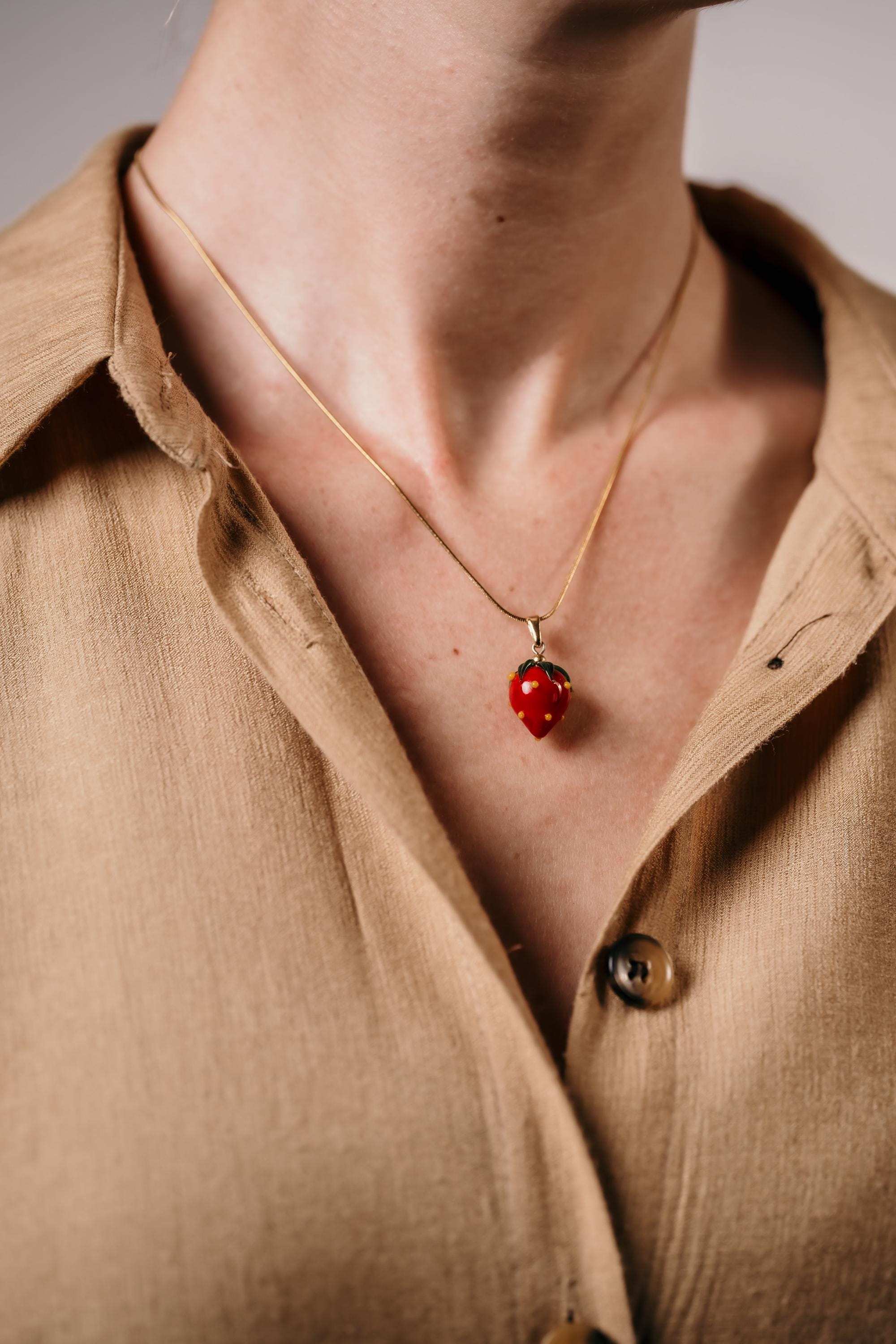 Handmade Murano Glass Strawberry Necklace: Gold Plated Charm