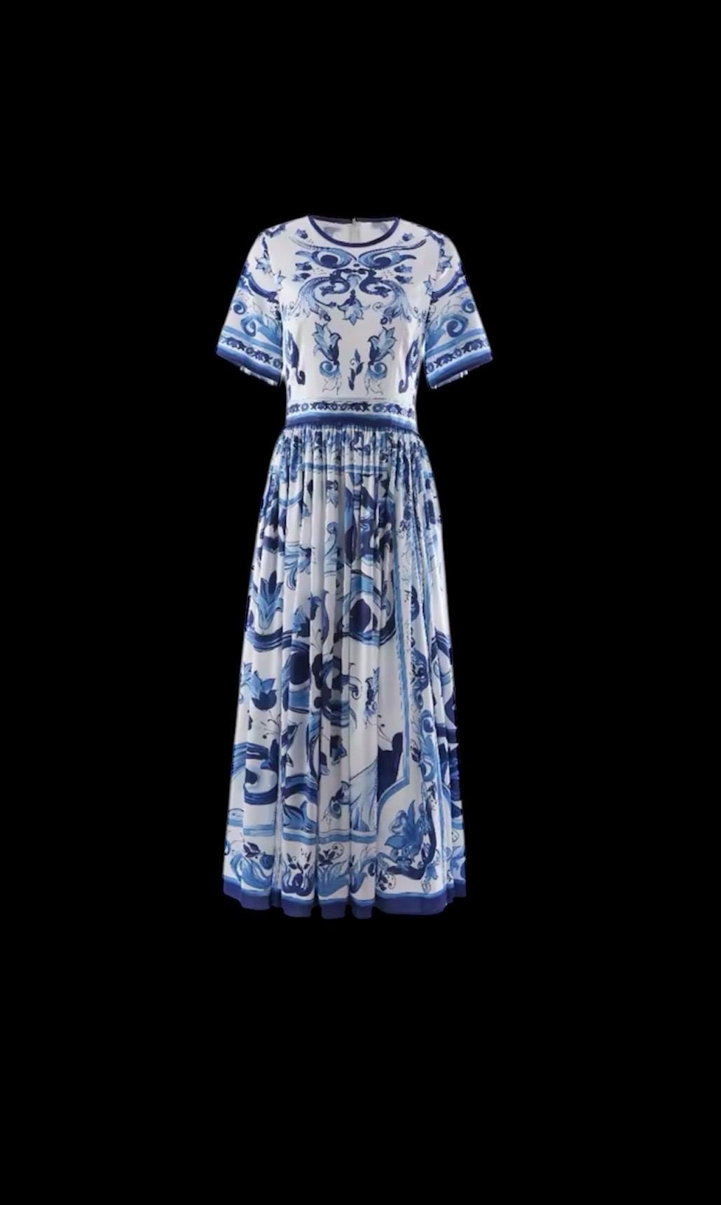 Italian Luxury Blue Tiles Majolica shirt sleeve dress silk dress