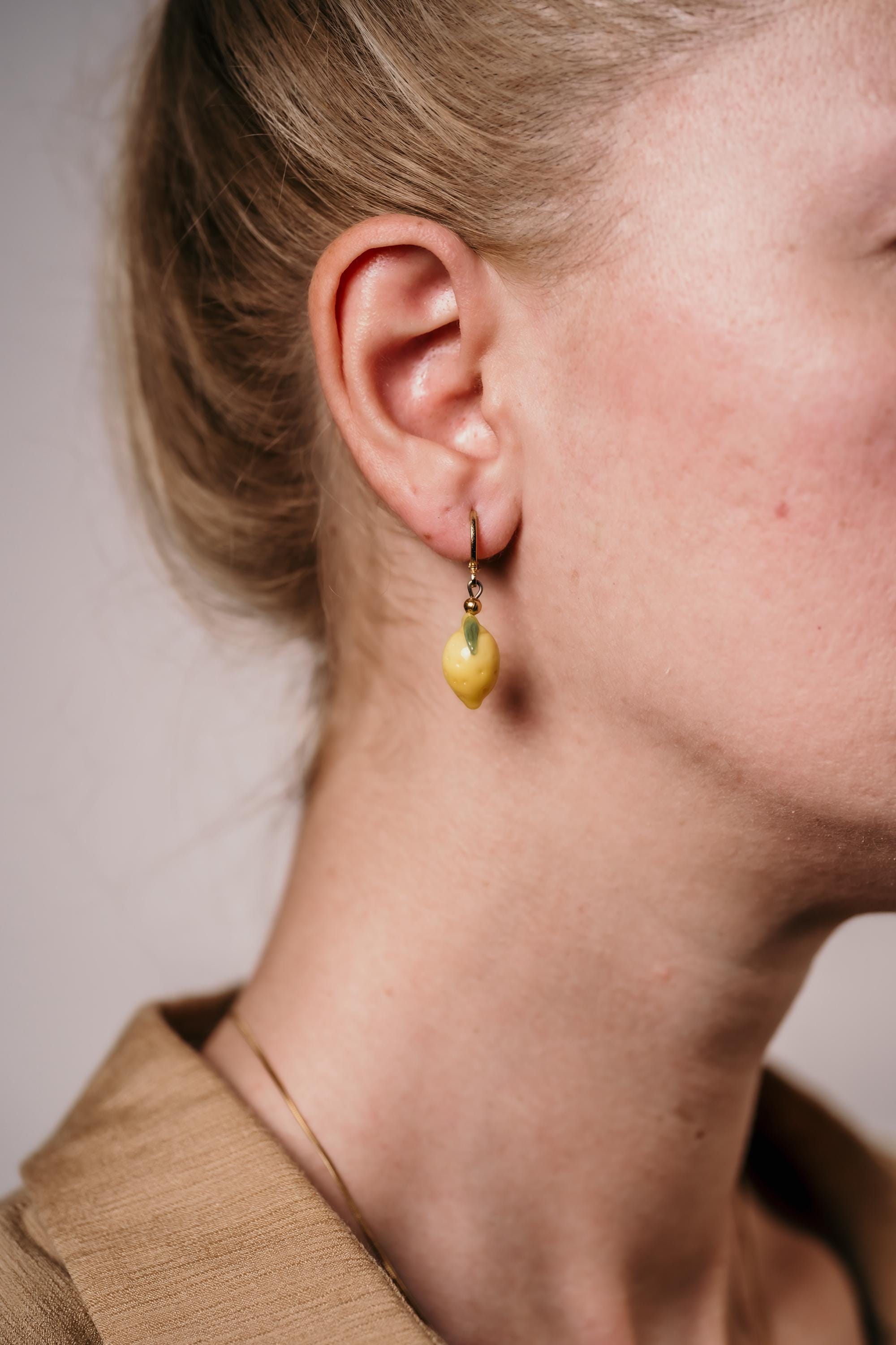 Handmade Murano Glass Lemon Earrings: Gold Plated Hoop Charm