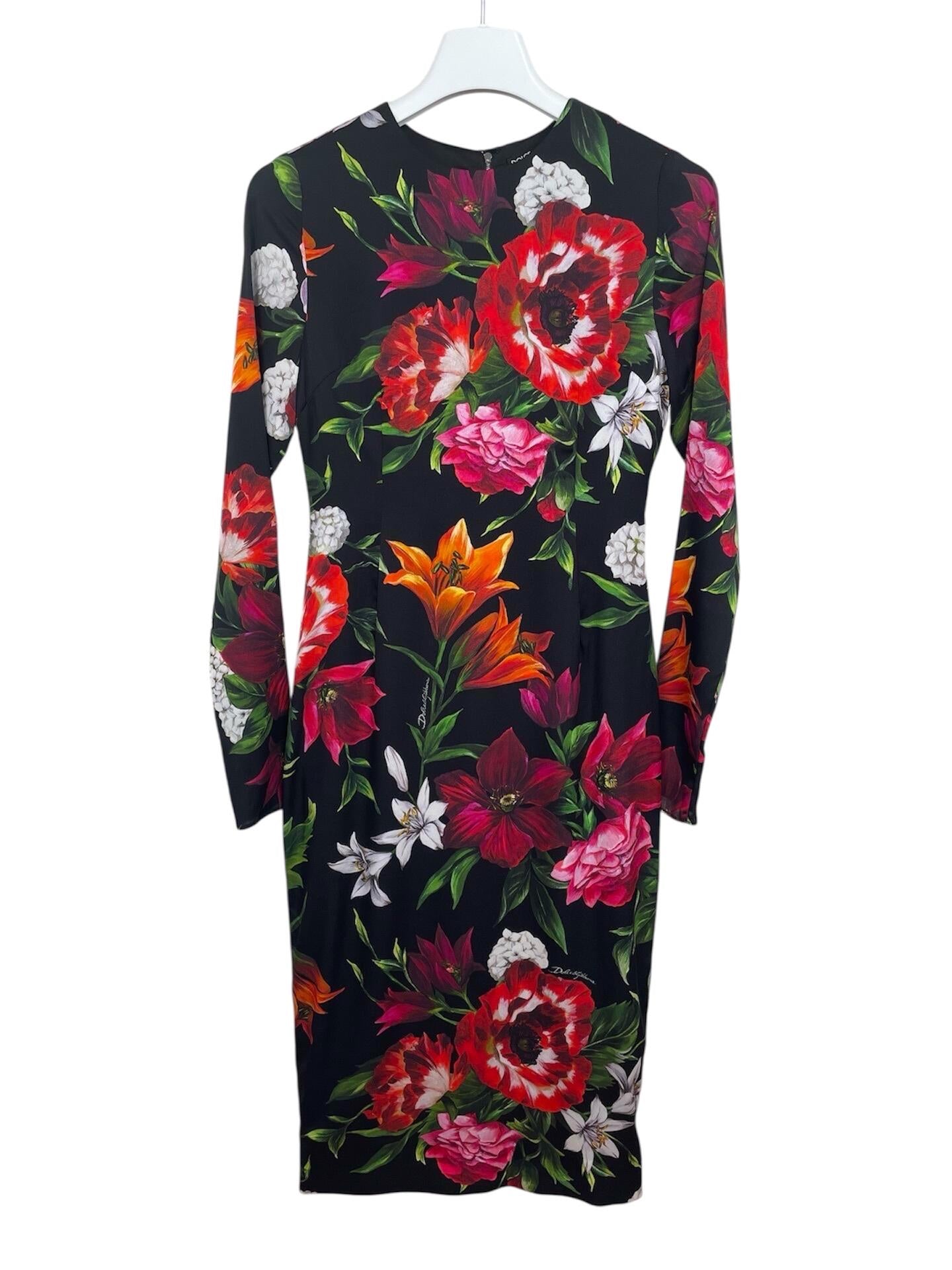 Handmade Italian Long sleeves Floral print 100% silk dress