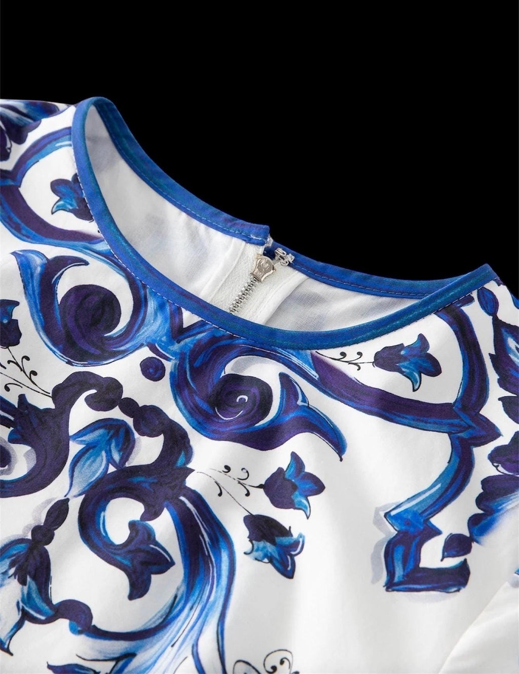 Italian Luxury Blue Tiles Majolica shirt sleeve dress silk dress