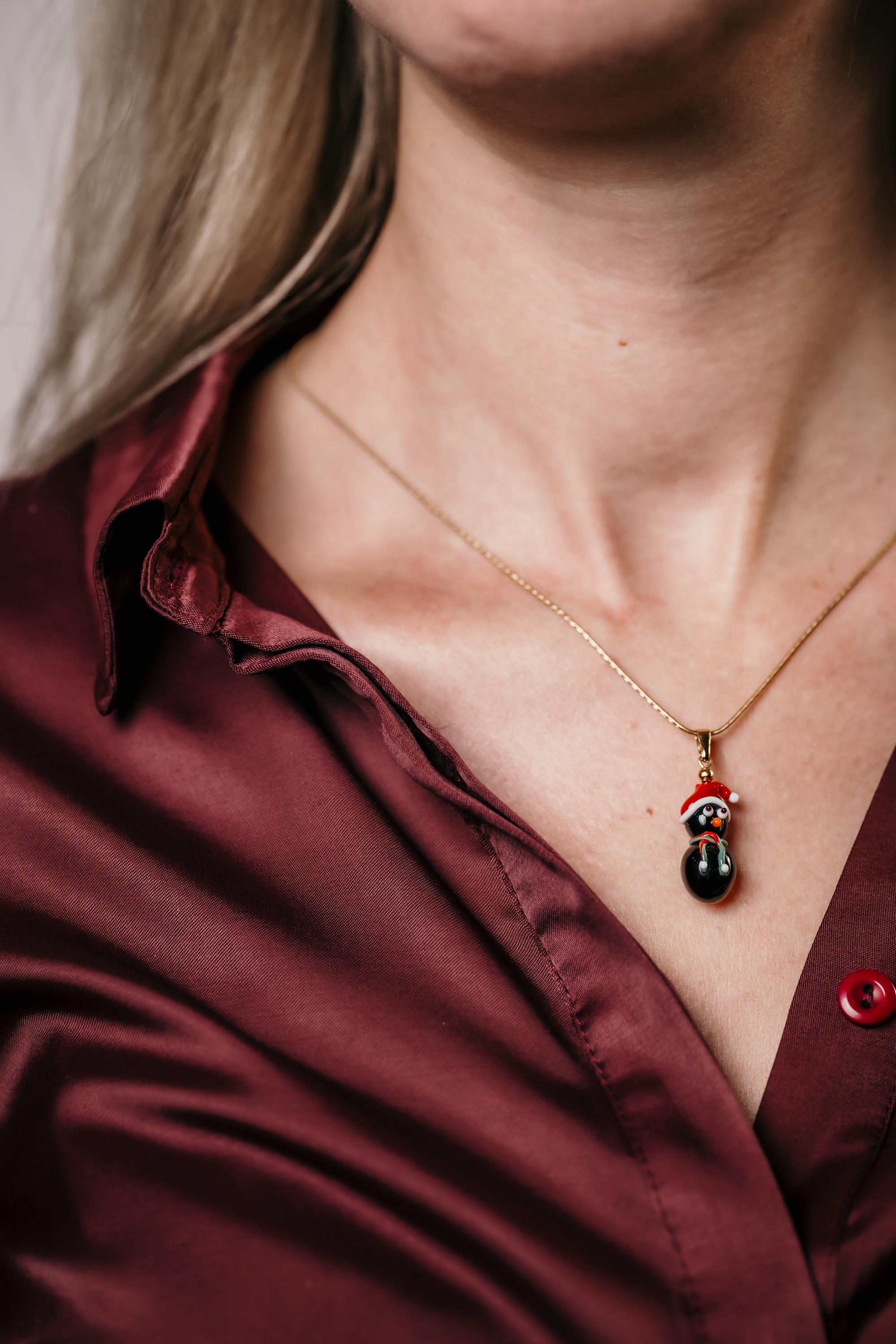 Handmade Murano Glass Christmas Necklace: Snowman or Penguin