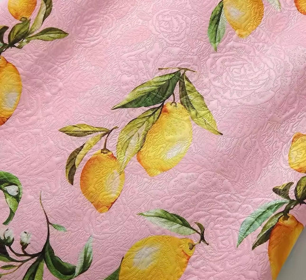 Handmade Italian designer Brocade pink Lemons print sleeveless mini dress