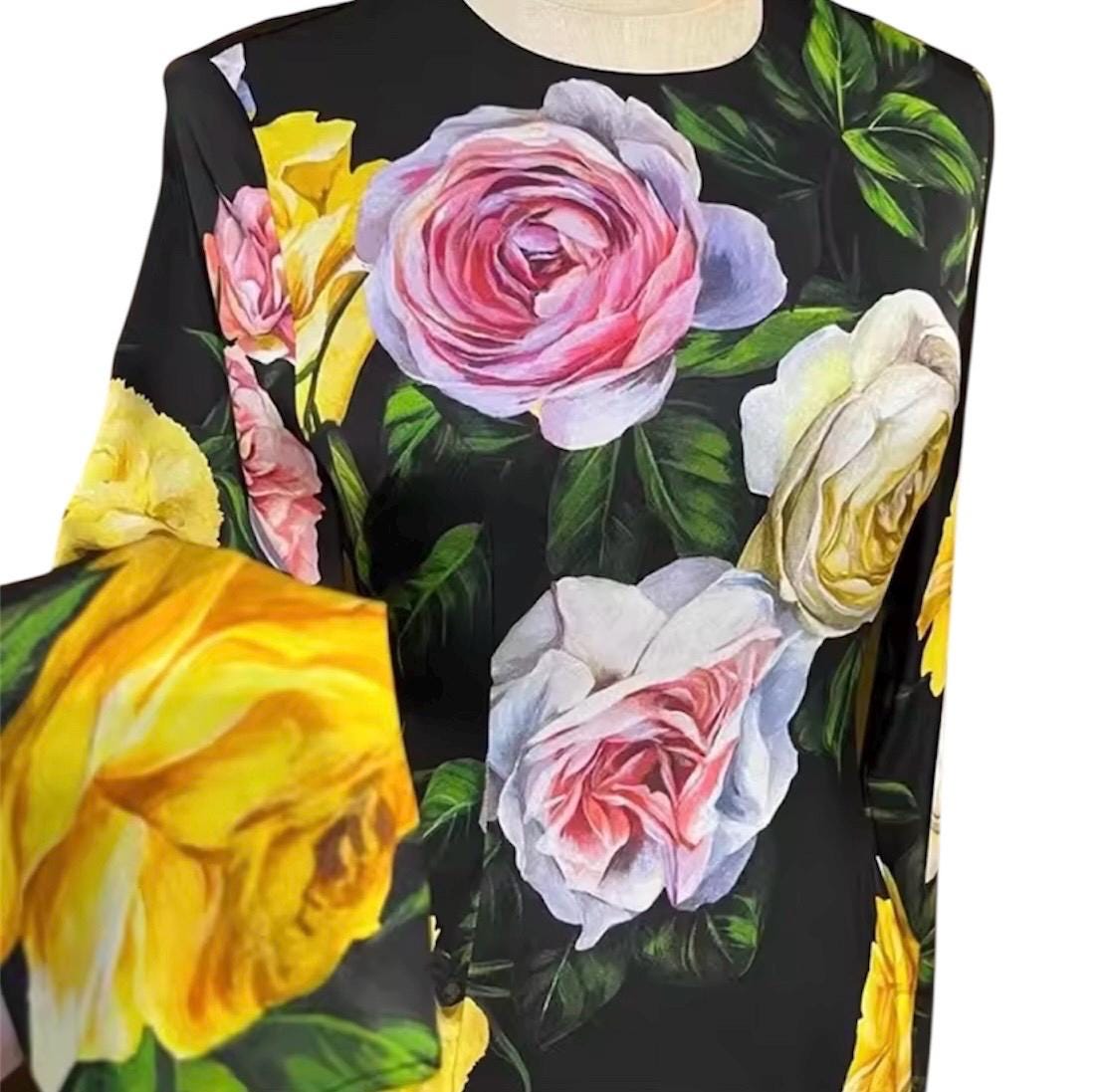 Handmade Italian Long sleeves Roses print silk dress