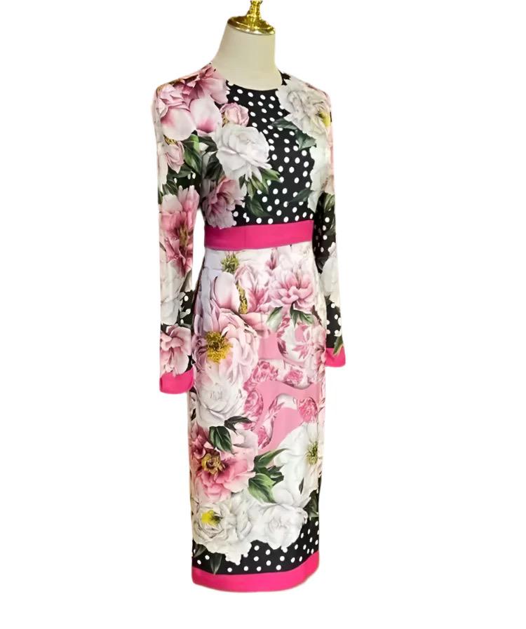Italian Luxury Designer Polka dot Roses print 100% silk dress