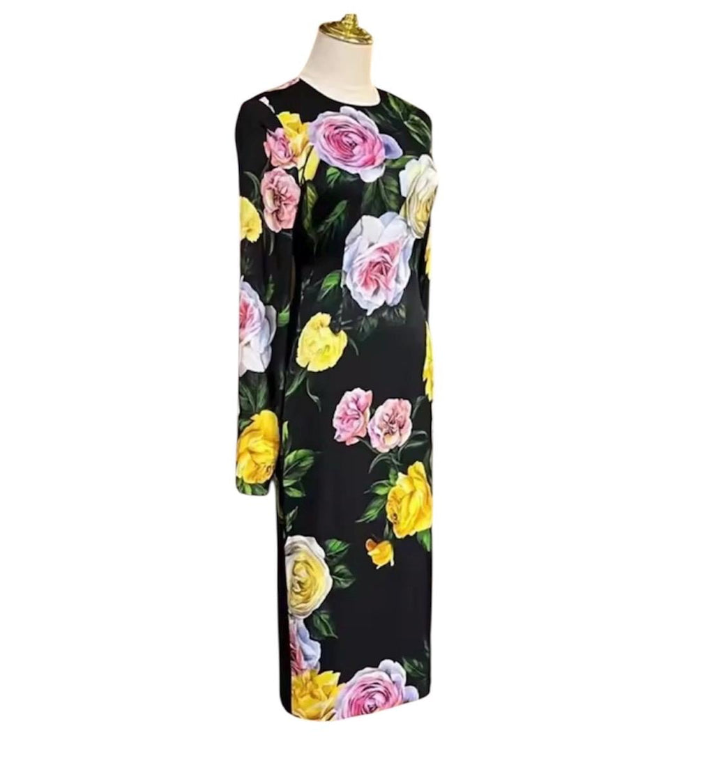 Handmade Italian Long sleeves Roses print silk dress