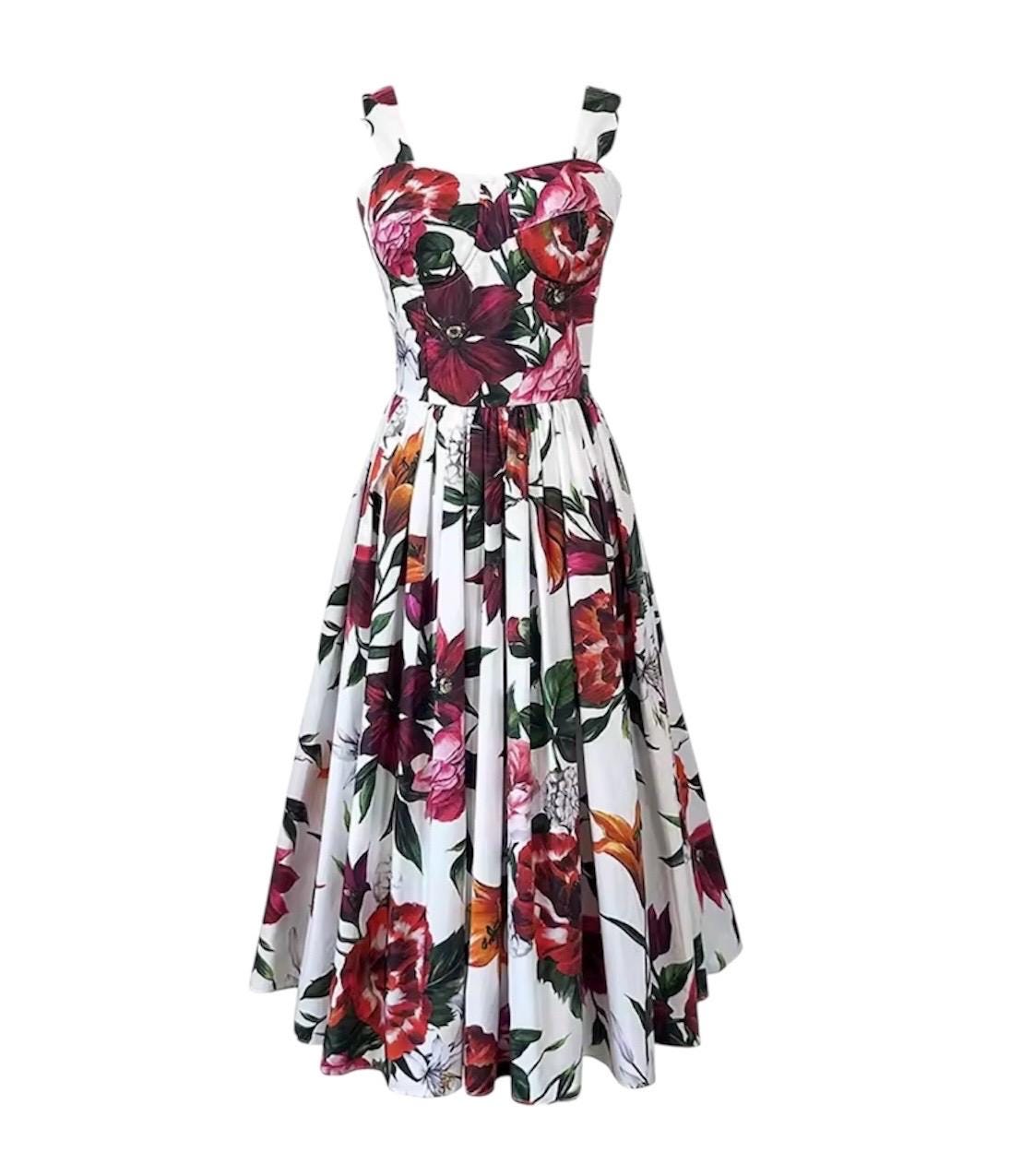 Handmade Italian designer Floral Print Popeline Midi Dress 100% cotton