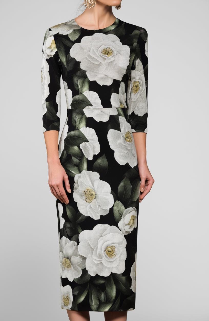 Italian Luxury Designer White Roses print long sleeve 100% silk dress Summer dress