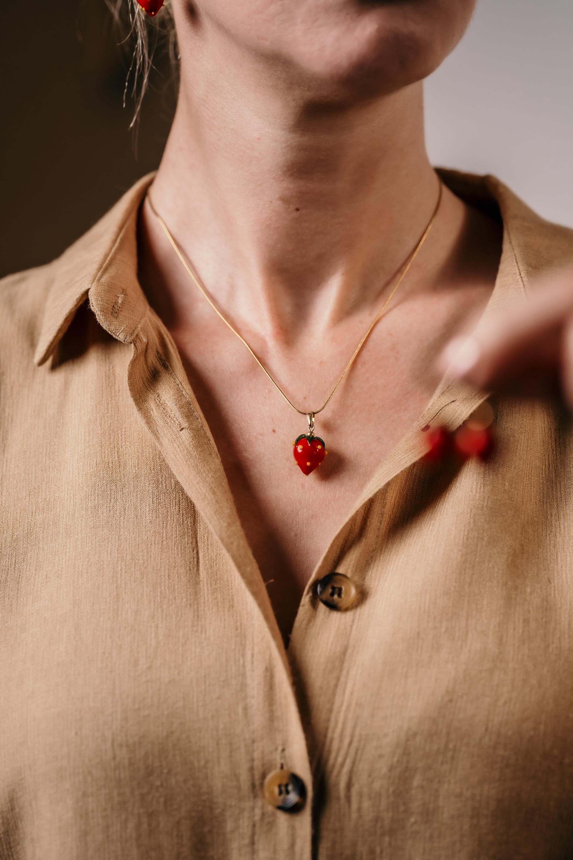 Handmade Murano Glass Strawberry Necklace: Gold Plated Charm
