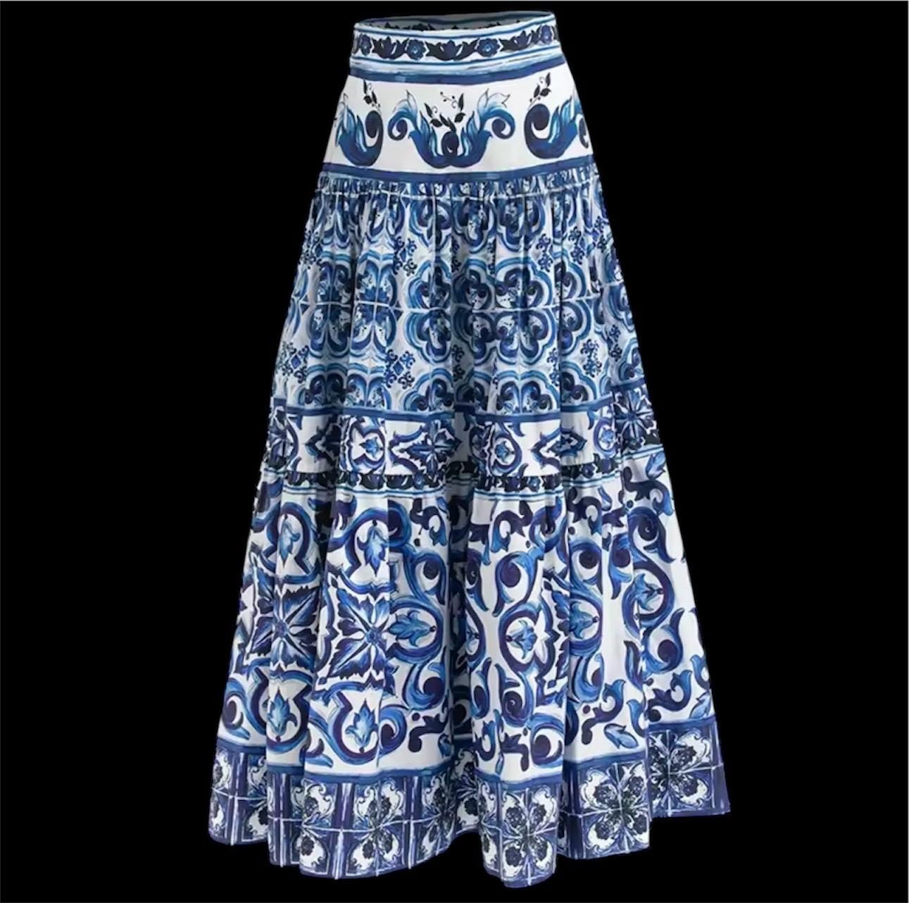 Handmade Italian Tiles Style Majolica print Set Crop Top and Skirt Summer dress cotton