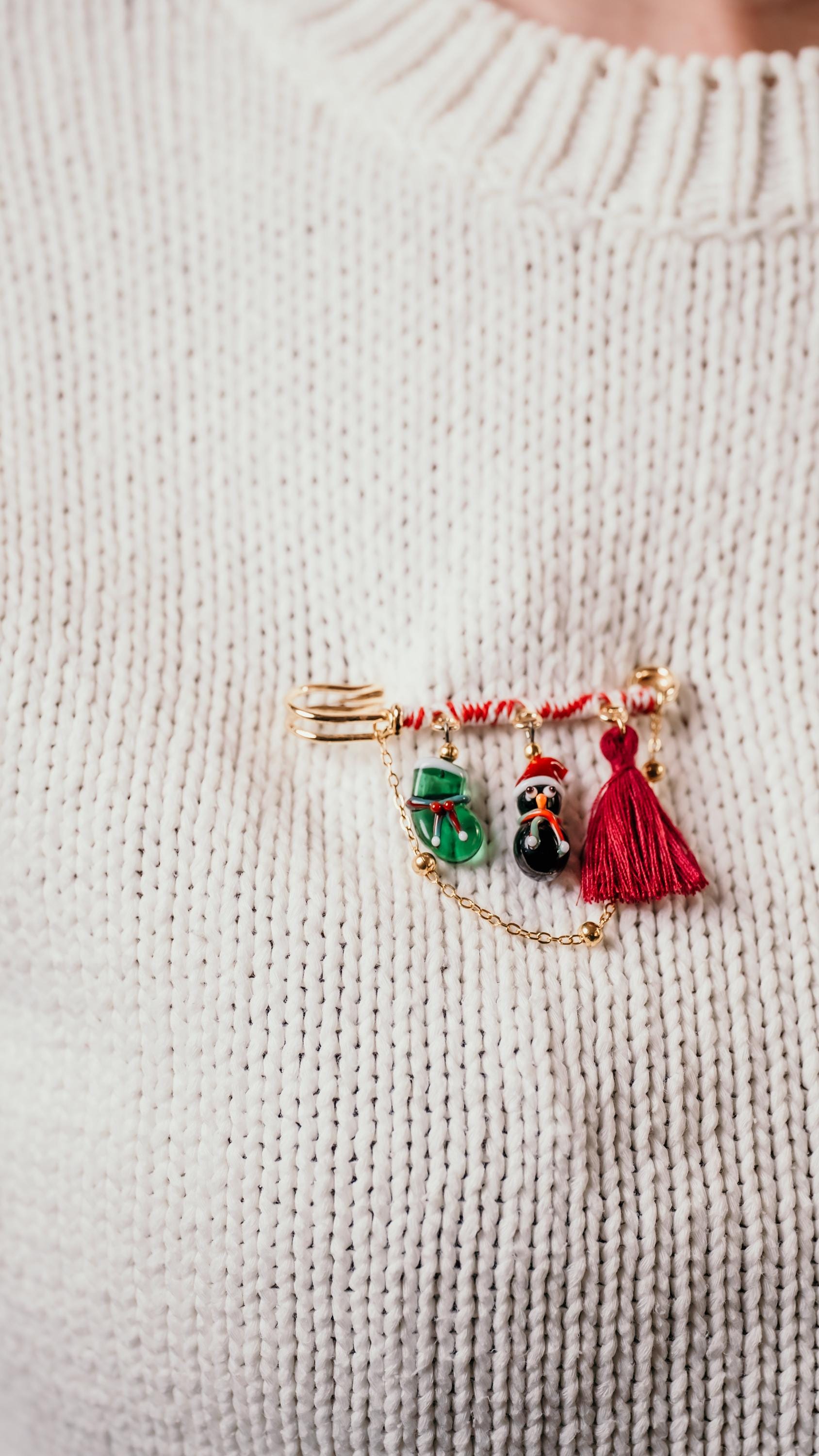 Handmade Murano Glass Christmas Brooch: Snowman or Penguin