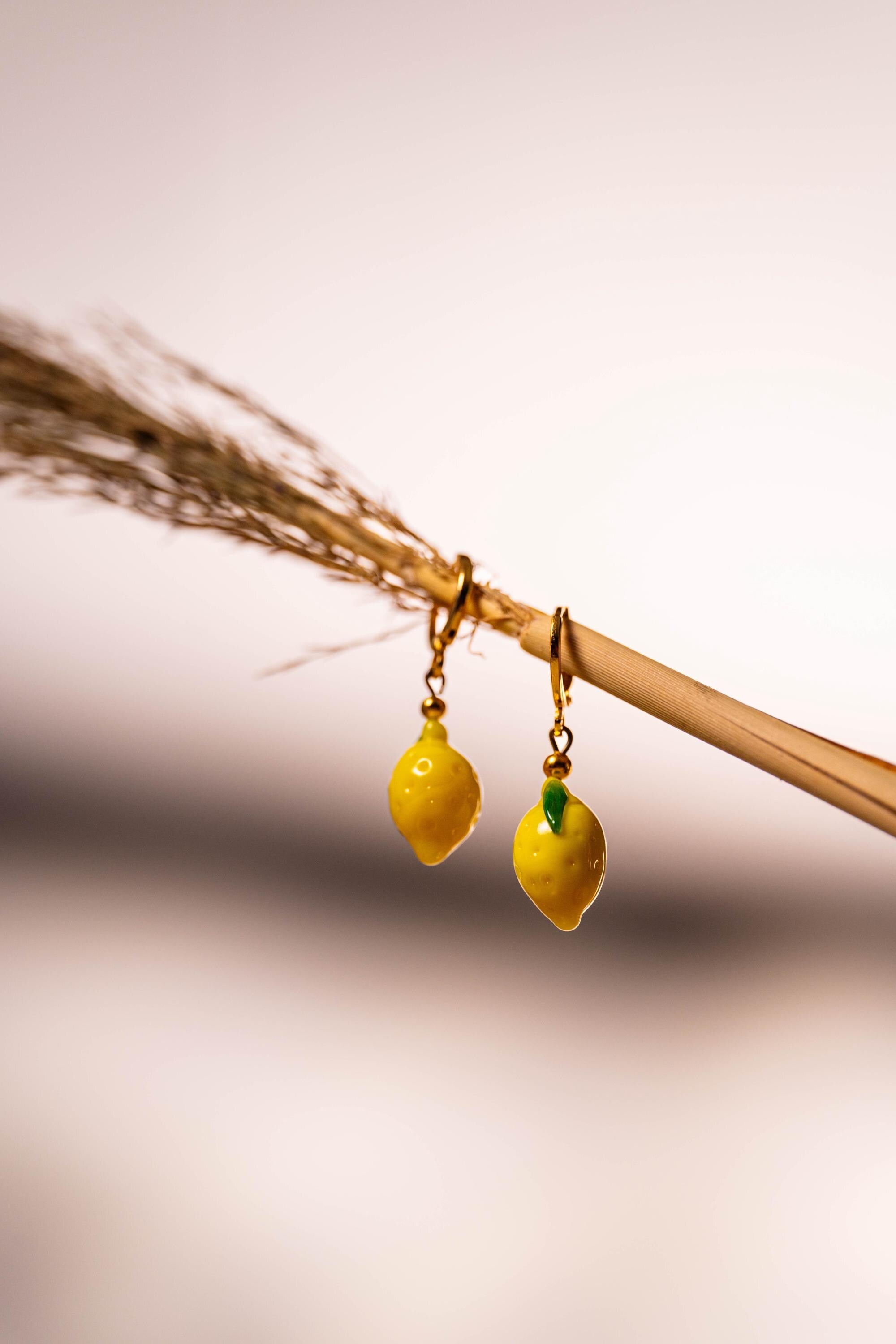 Handmade Murano Glass Lemon Earrings: Gold Plated Hoop Charm
