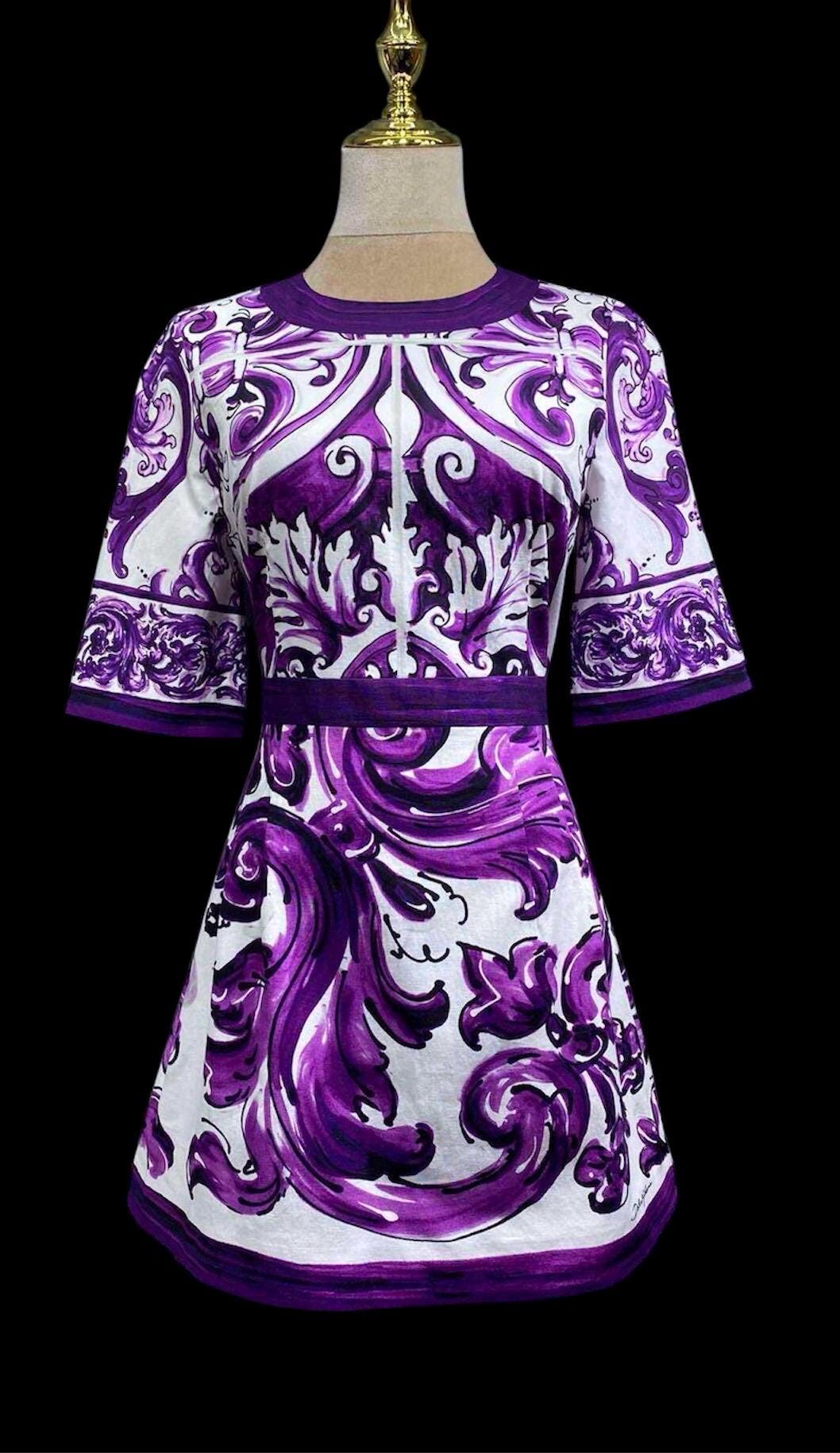 Italian Designer Cotton Mini Dress: Pink Roses Print, Purple Sleeves