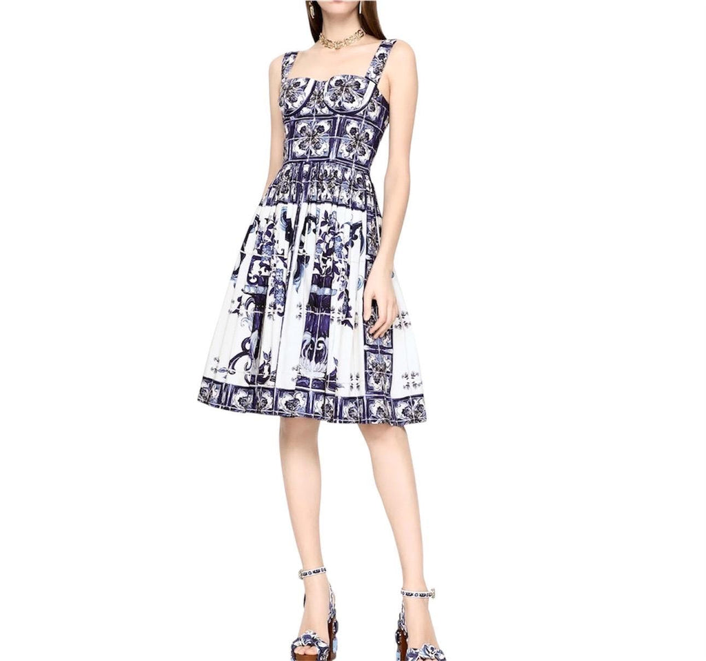 Handmade Italian designer Majolica-print blue color  midi dress push up cotton dress