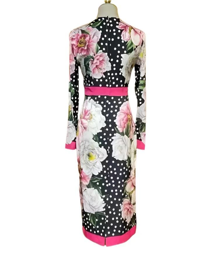 Italian Luxury Designer Polka dot Roses print 100% silk dress