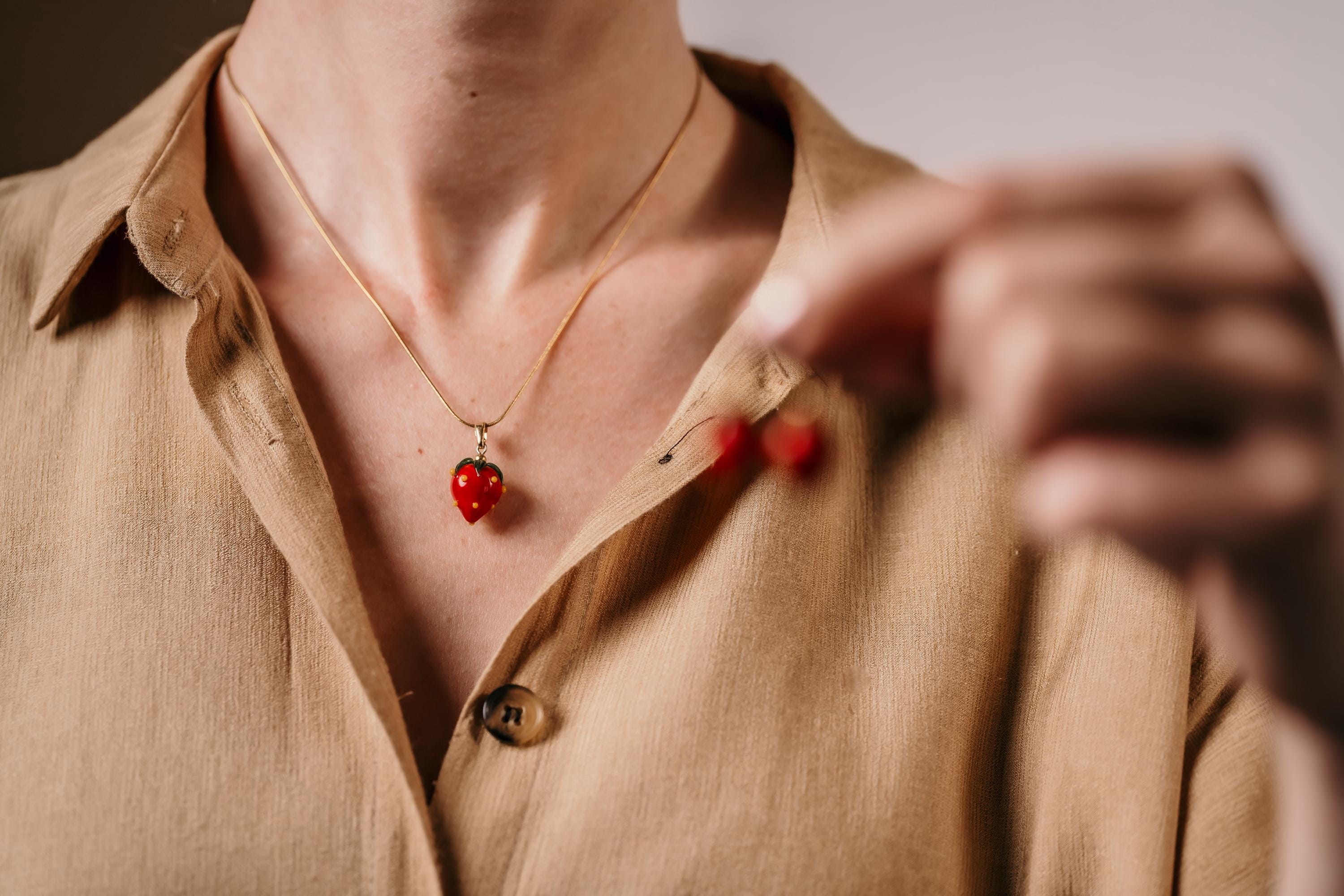 Handmade Murano Glass Strawberry Necklace: Gold Plated Charm