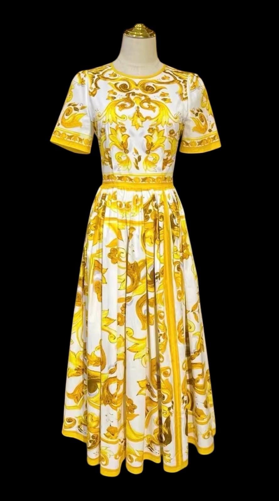 Italian Luxury yellow Tiles Majolica shirt sleeve dress 100% cotton dress