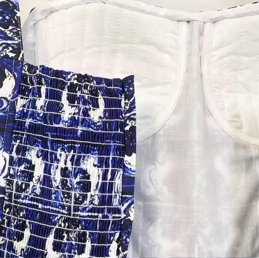 Handmade Italian designer Majolica-print blue color  midi dress push up cotton dress