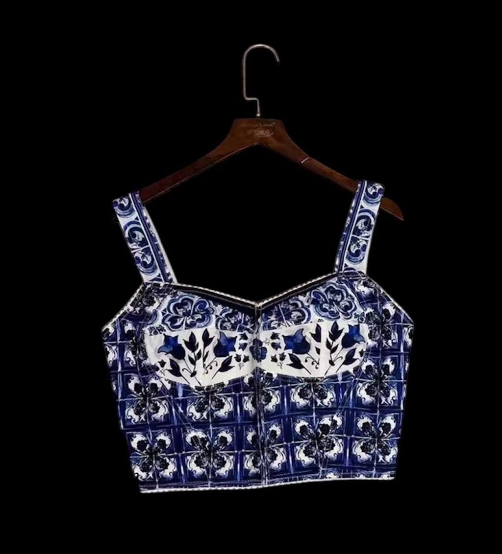 Italian designer Majolica style dress set, skirt and top 100% cotton
