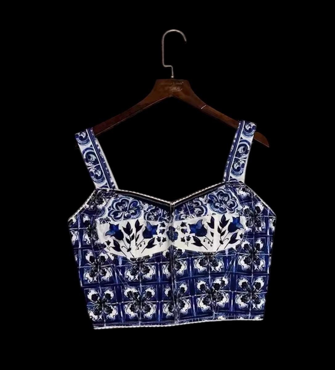 Italian designer Majolica style dress set, skirt and top 100% cotton