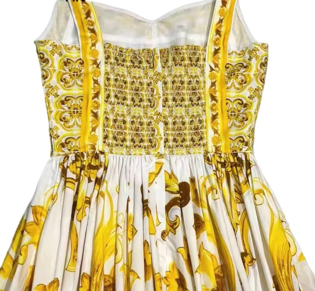 Handmade Italian Cotton Corset Dress: Majolica Print Calf-Length