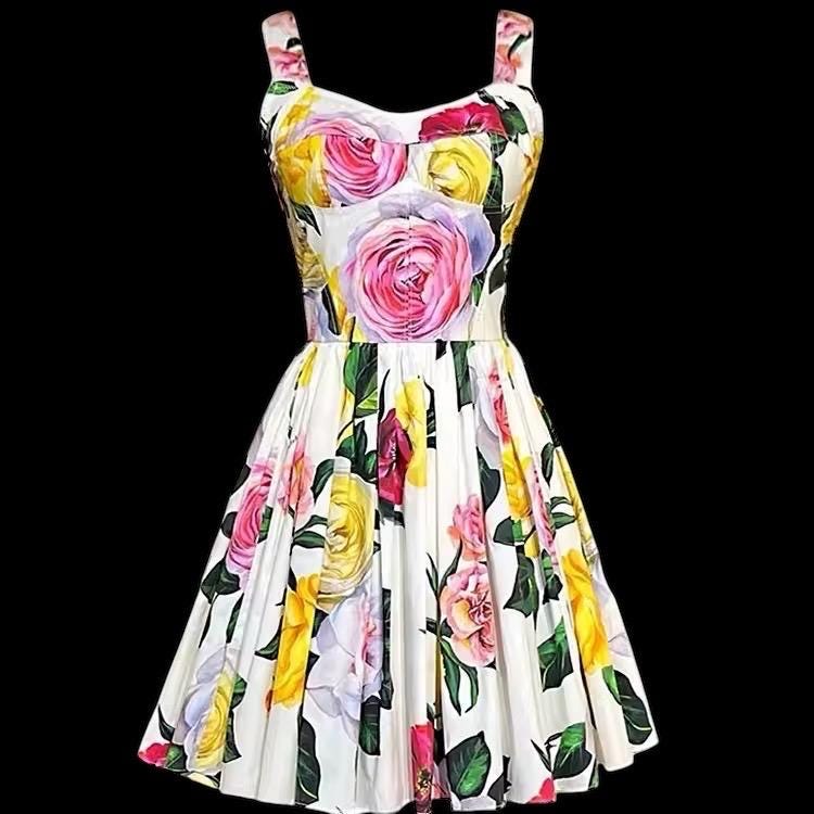 Italian Luxury Pink and Yellow roses print sleeveless 100% cotton dress