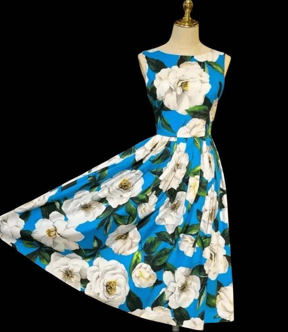 Italian designer White Roses on Blue print plunge back 100% cotton dress