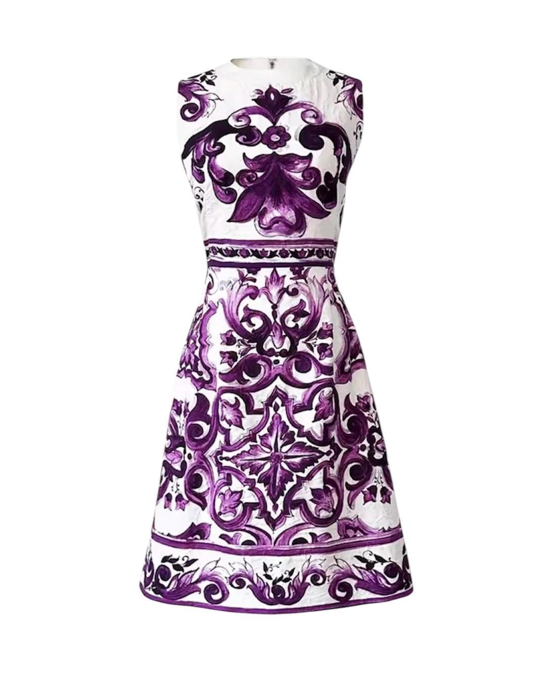 Handmade Italian designer Brocade Majolica print sleeveless mini dress, purple white Minidress summer dress