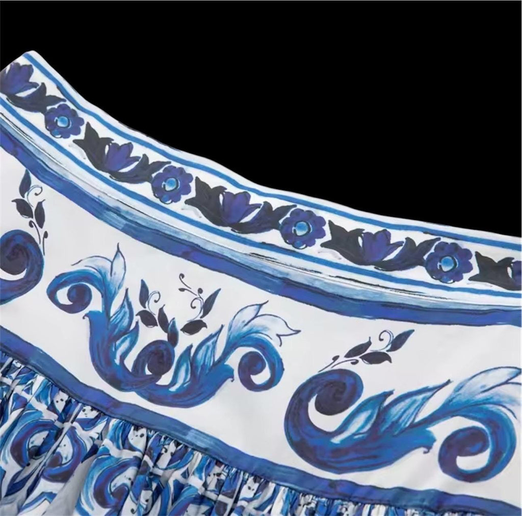 Handmade Italian Tiles Style Majolica print Set Crop Top and Skirt Summer dress cotton