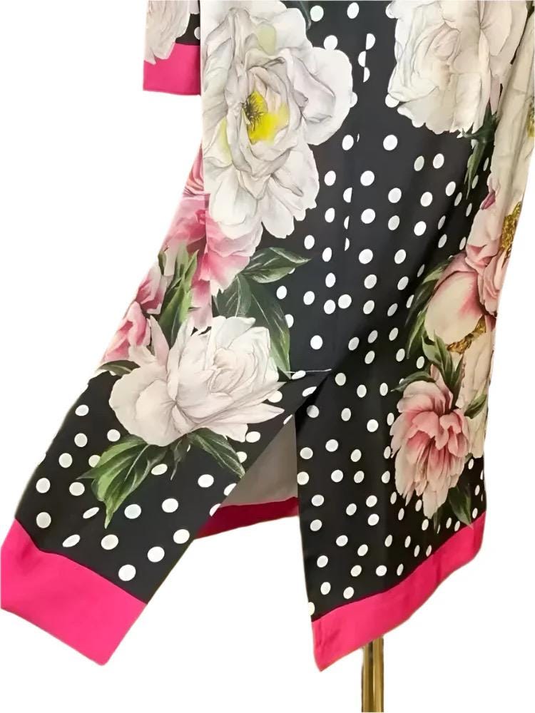 Italian Luxury Designer Polka dot Roses print 100% silk dress