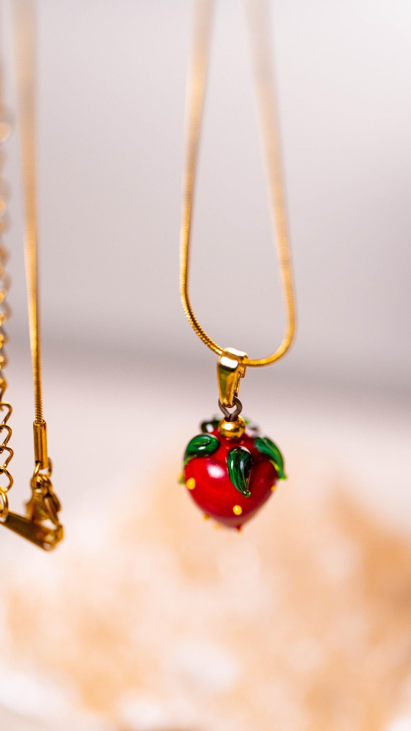 Handmade Murano Glass Strawberry Necklace: Gold Plated Charm