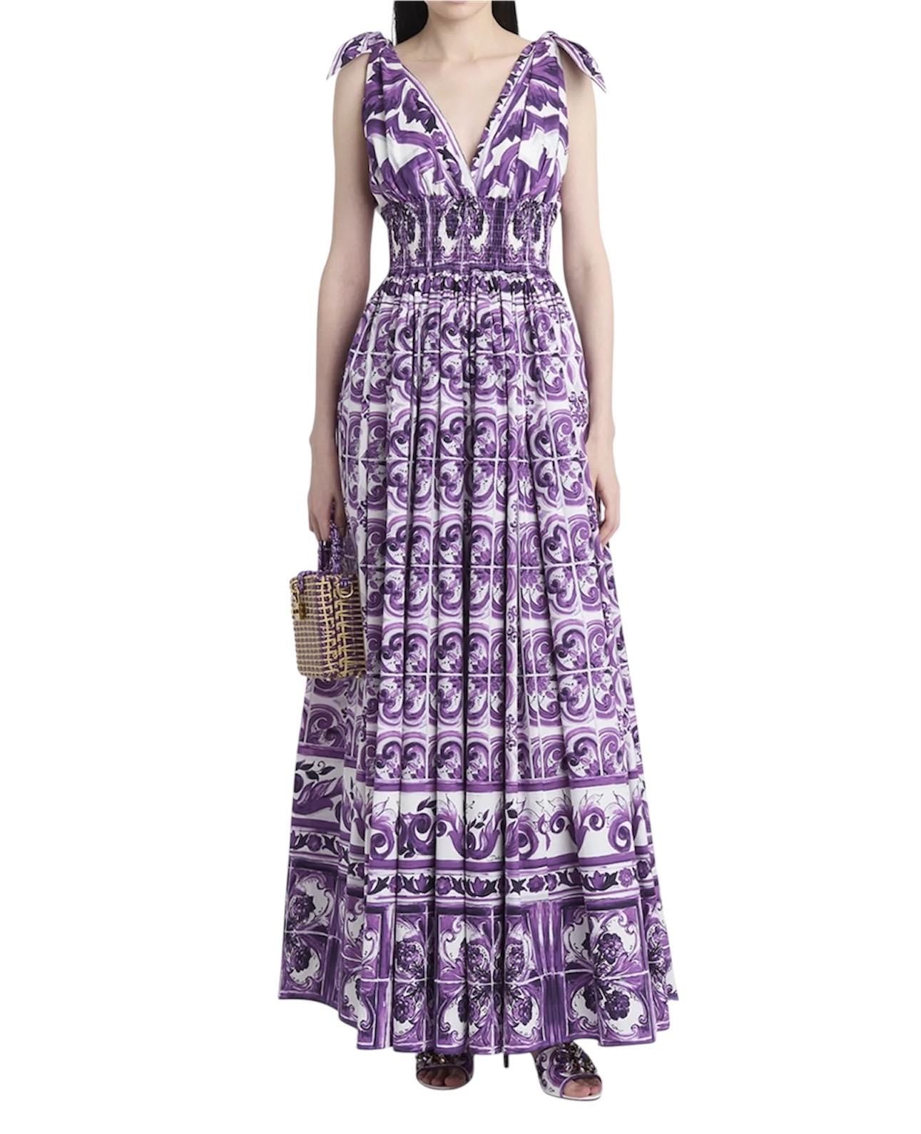 Handmade Italian Majolica Print Dress: Purple Cotton Shirt Sleeve