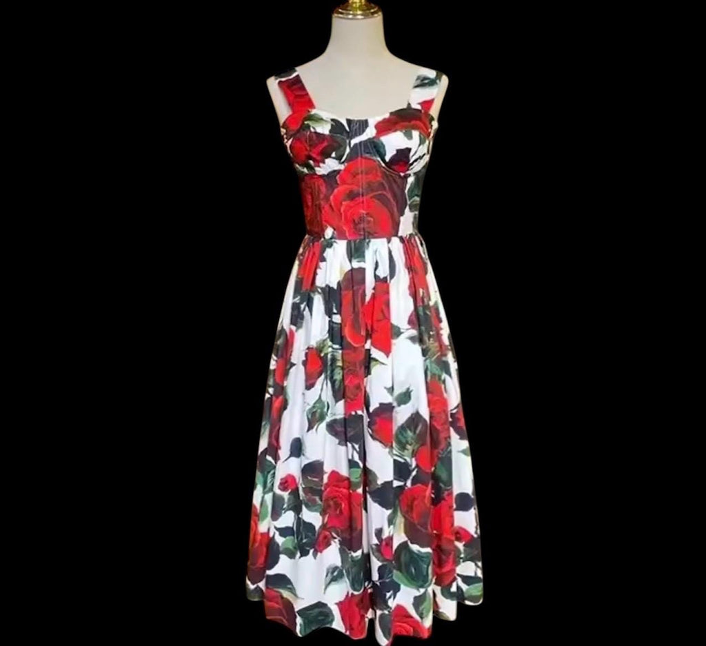 Handmade Italian designer floral-print roses print midi dress push up cotton dress