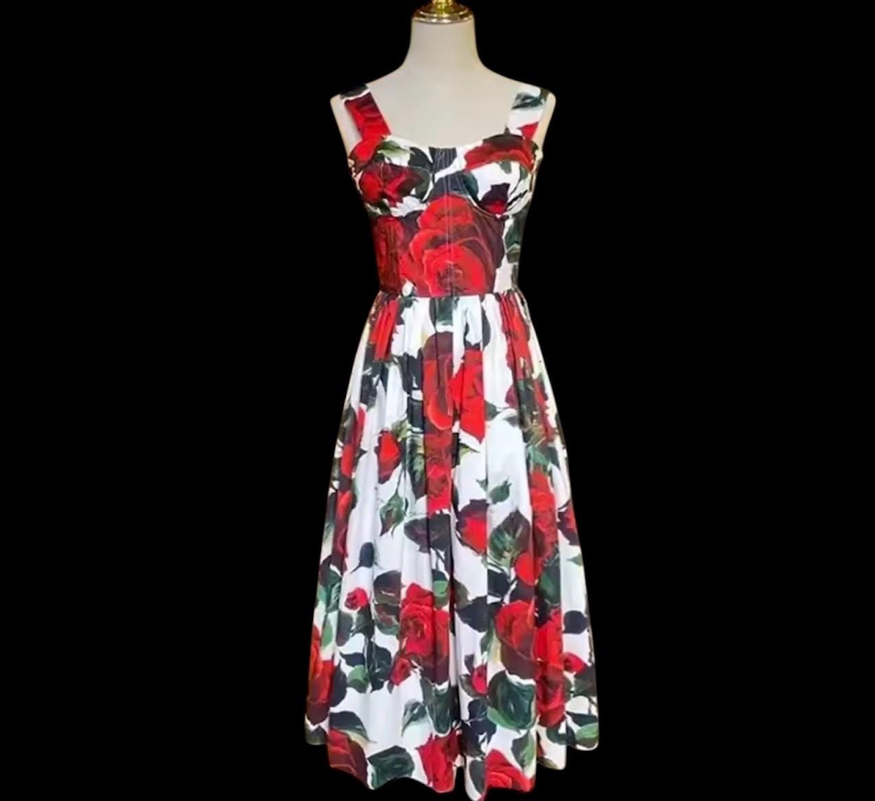 Handmade Italian designer floral-print roses print midi dress push up cotton dress