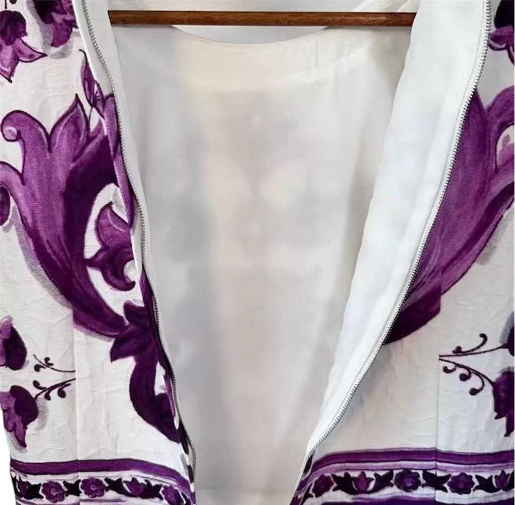 Handmade Italian designer Brocade Majolica print sleeveless mini dress, purple white Minidress summer dress