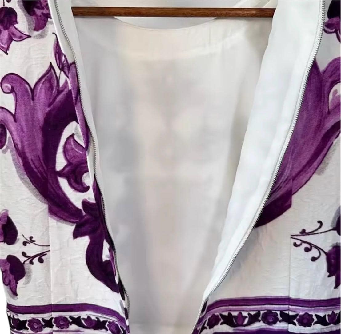 Handmade Italian designer Brocade Majolica print sleeveless mini dress, purple white Minidress summer dress