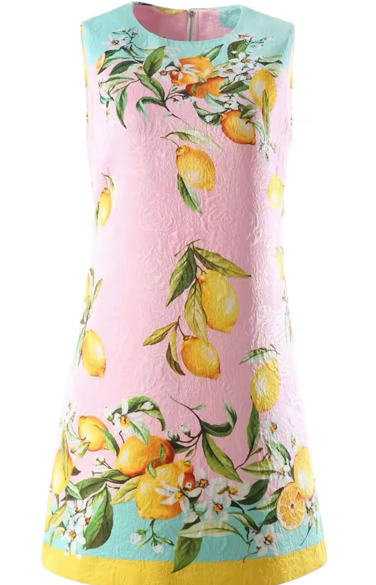 Handmade Italian designer Brocade pink Lemons print sleeveless mini dress