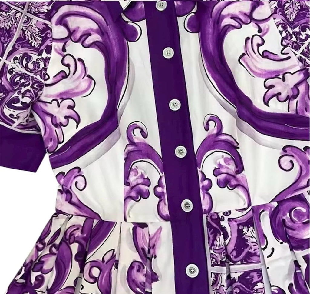 Handmade Purple Majolica Cotton Dress: Italian Designer Shirt Sleeve