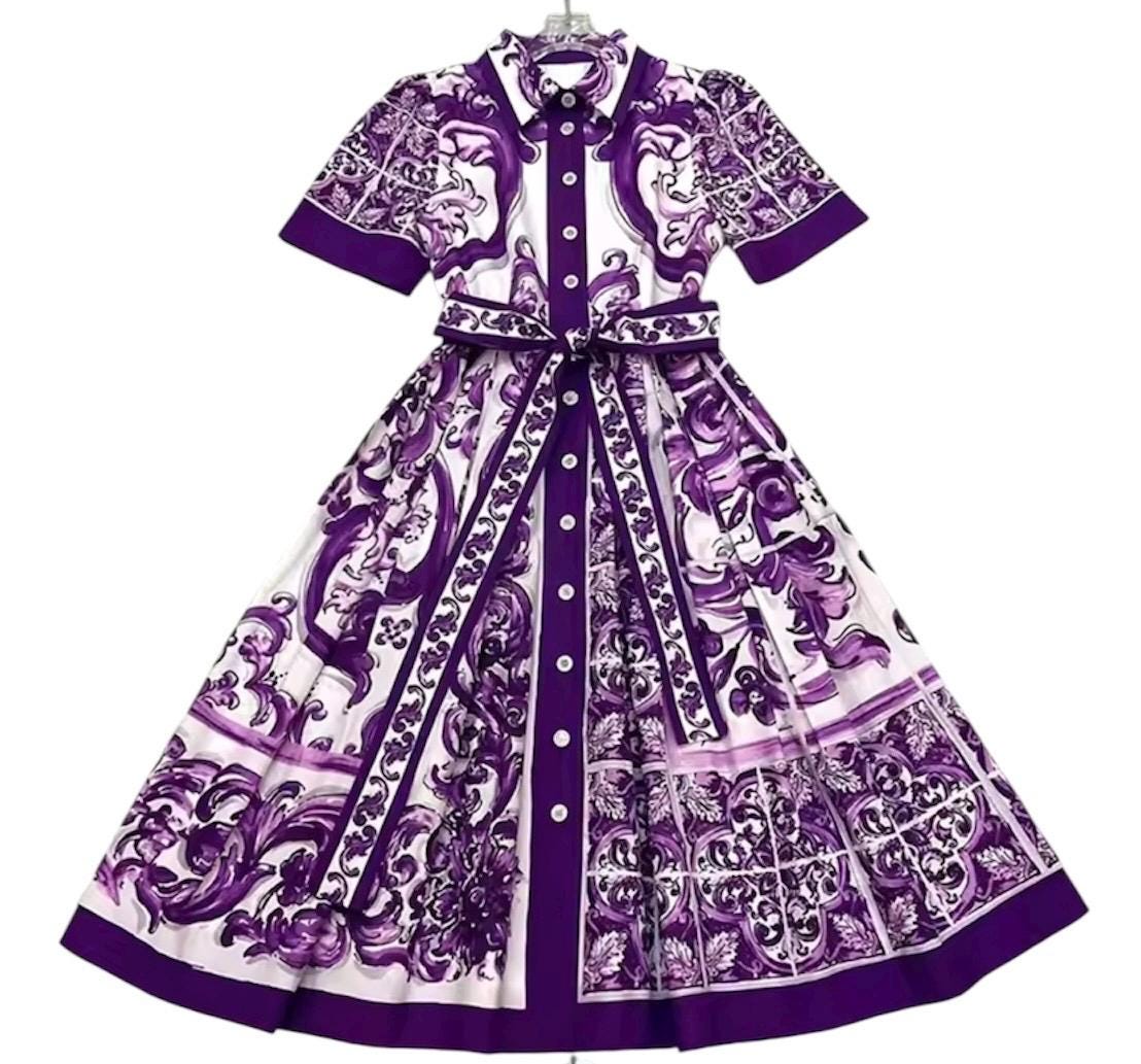 Handmade Purple Majolica Cotton Dress: Italian Designer Shirt Sleeve