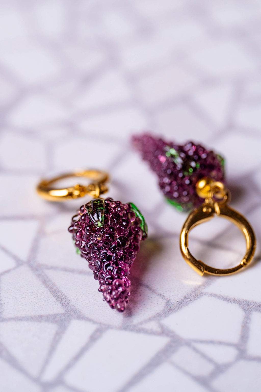 Handmade Murano Glass Grape Earrings: Gold Plated Hoop Charms
