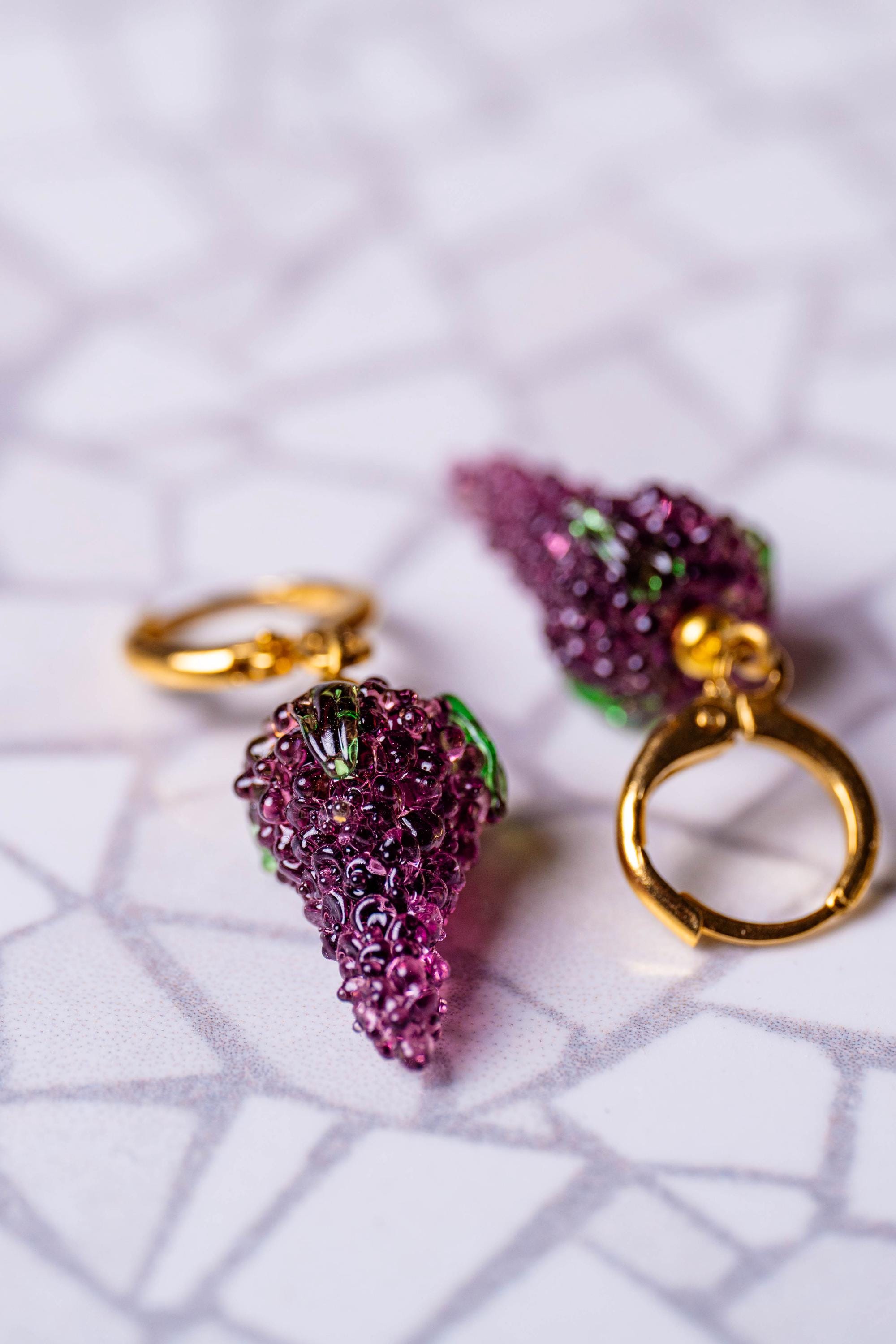 Handmade Murano Glass Grape Earrings: Gold Plated Hoop Charms