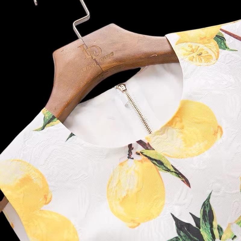 Handmade Italian designer white Brocade Lemons print sleeveless mini dress with gemstone buttons