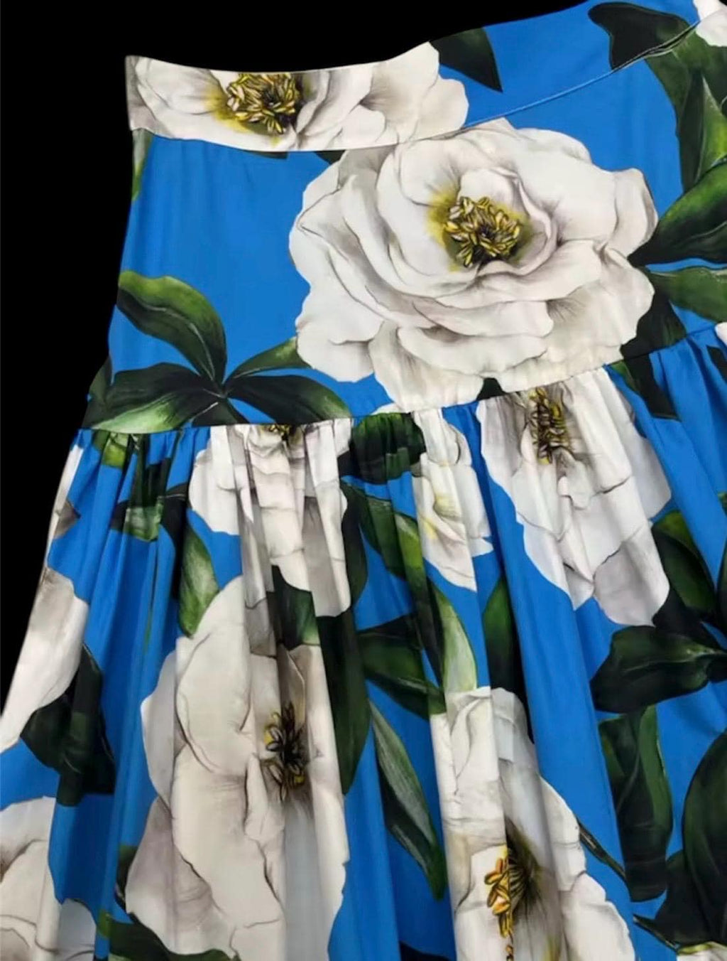 Handmade Italian designer Long ruffled skirt in gardenia-print cotton and blouse | Gardenia Print set