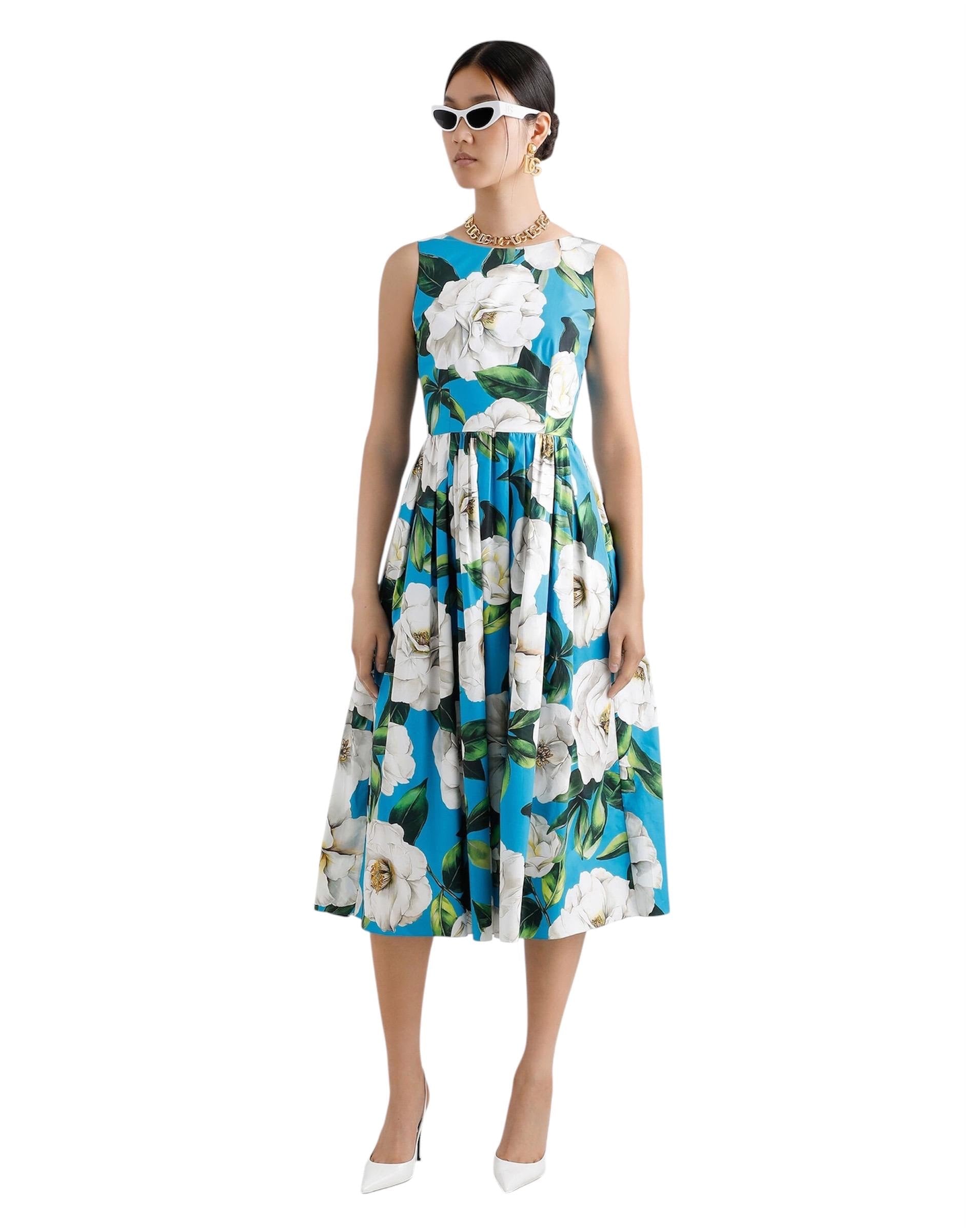 Italian designer White Roses on Blue print plunge back 100% cotton dress