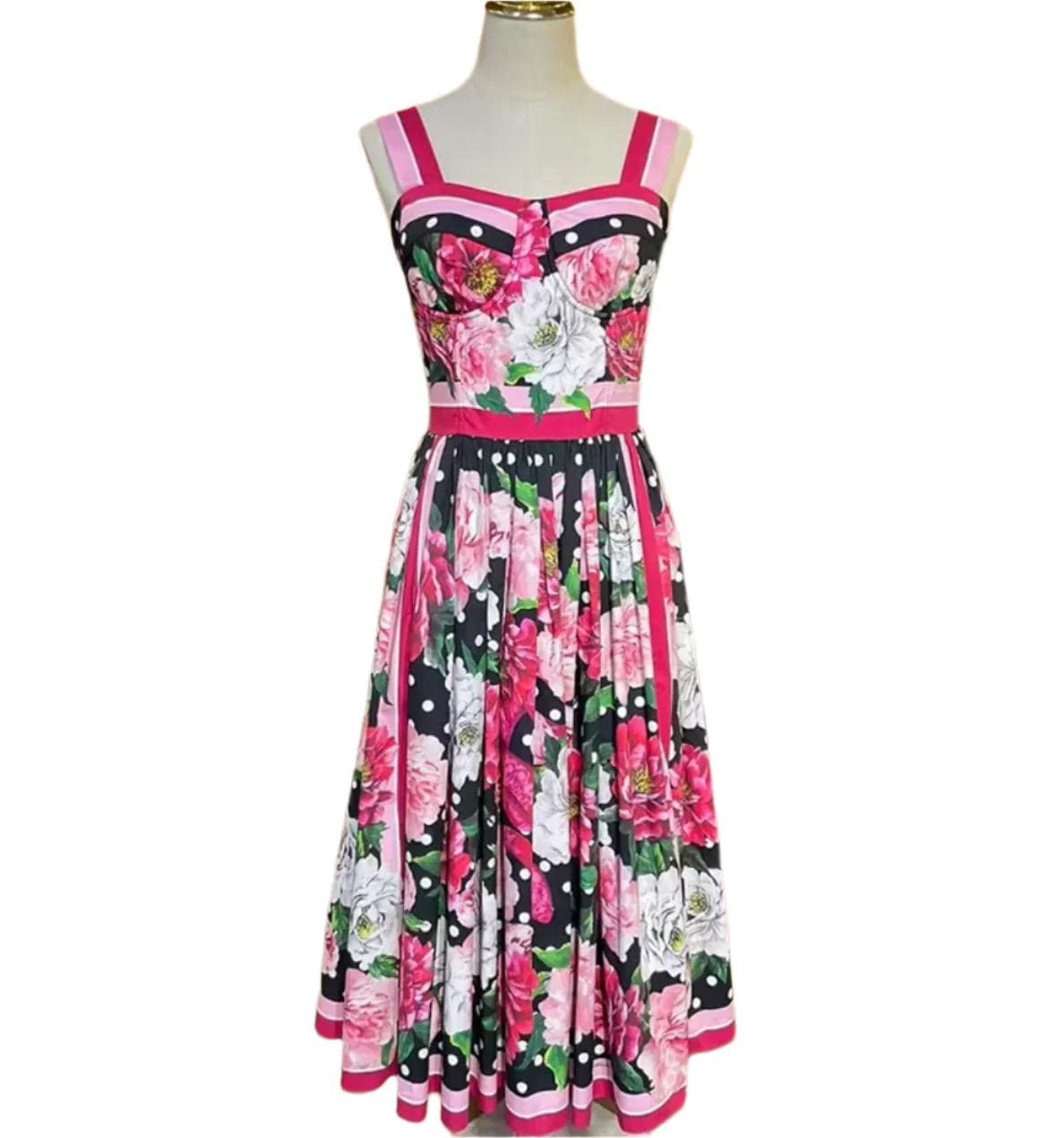 Italian Luxury designer Roses and Polka Dot print push up 100% cotton dress